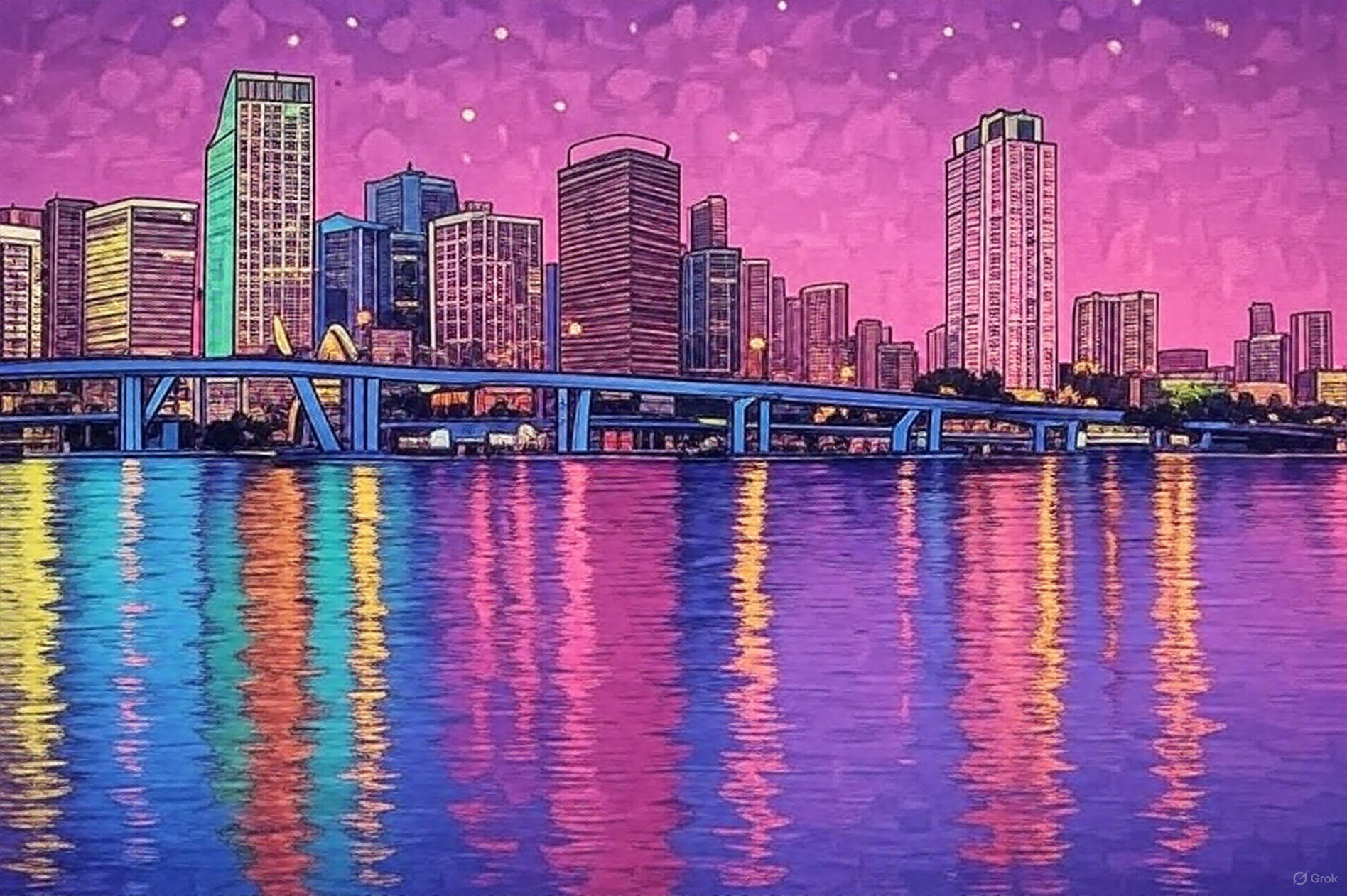 Miami skyline at night reflected in the water, digitally stylized in vibrant neon and pastel tones, representing the energy of the city’s tech and startup scene.
